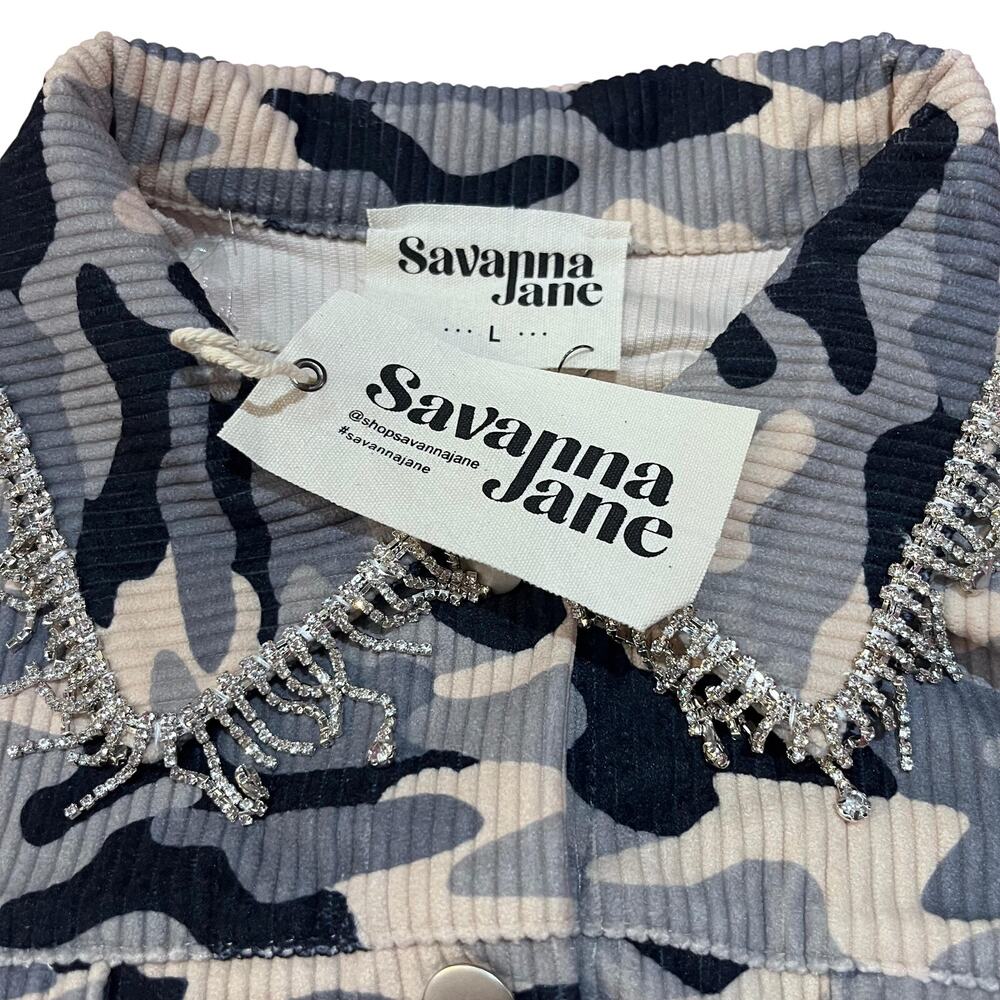 Camo Corduroy Shacket Jeweled Collar L NWT - Picture 3 of 5